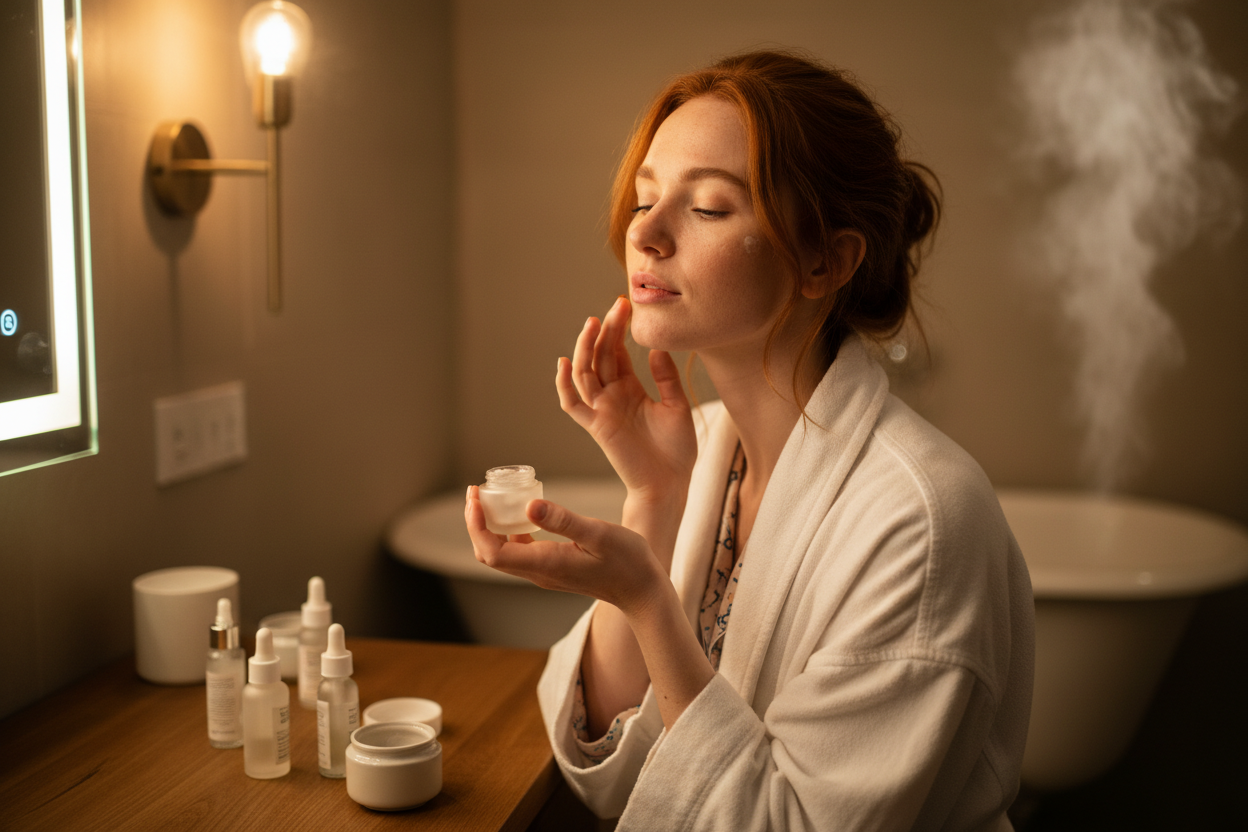 genera una imagen de una mujer de piel sensible, peliroja pero muy bonita, Haciendo una rutina de skincare a punto de dormir, que sea lo más realista posible