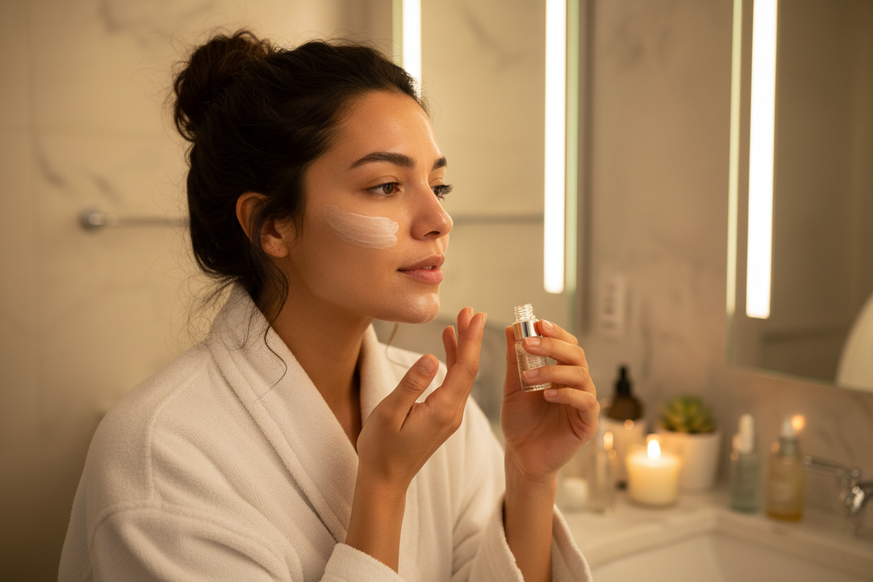 genera una imagen de una mujer hermosa de apariencia latina, que este haciendo un skincare antes de dormir y que tenga la piel bonita. Quiero que luzca lo mas real posible