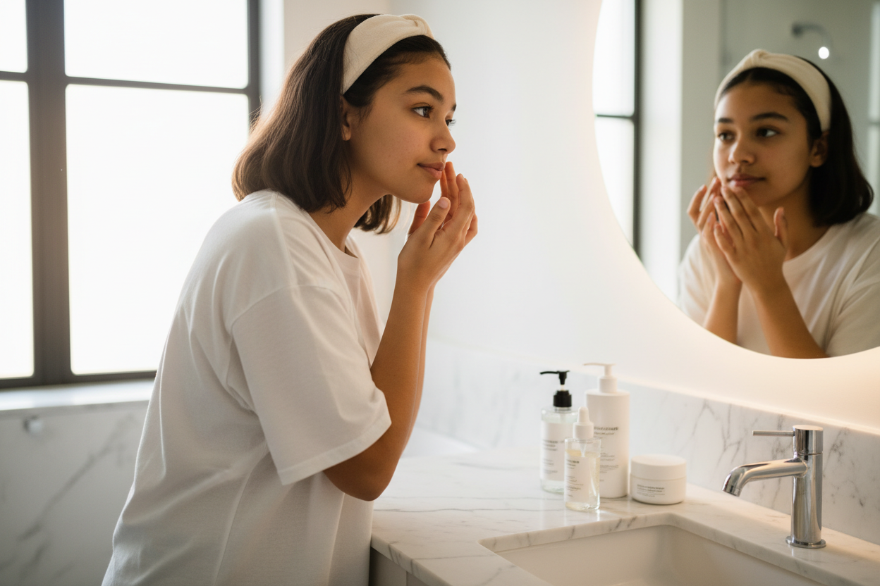 quiero que generes una imagen de una mujer adolescente con una piel mixta, que este haciendo una rutina de skincare. Genera algo distinto a lo que siempre generas. Quiero que sea lo más realista posible.