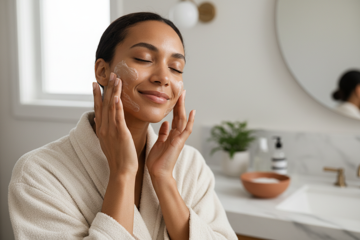 quiero una imagen de una mujer de piel morena haciendo una rutina de skincare, limpiando su cara. 